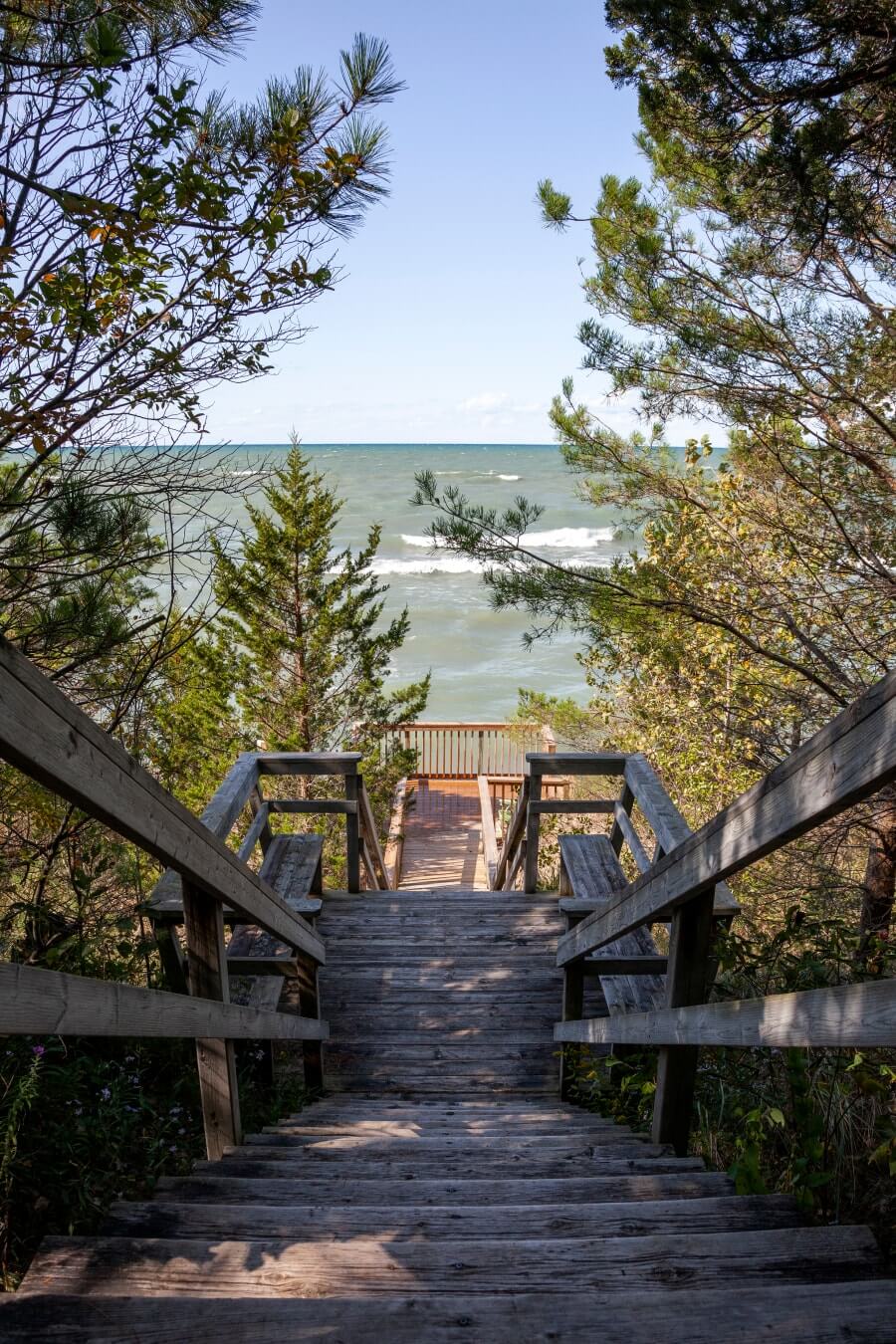 Wooden steps to lake